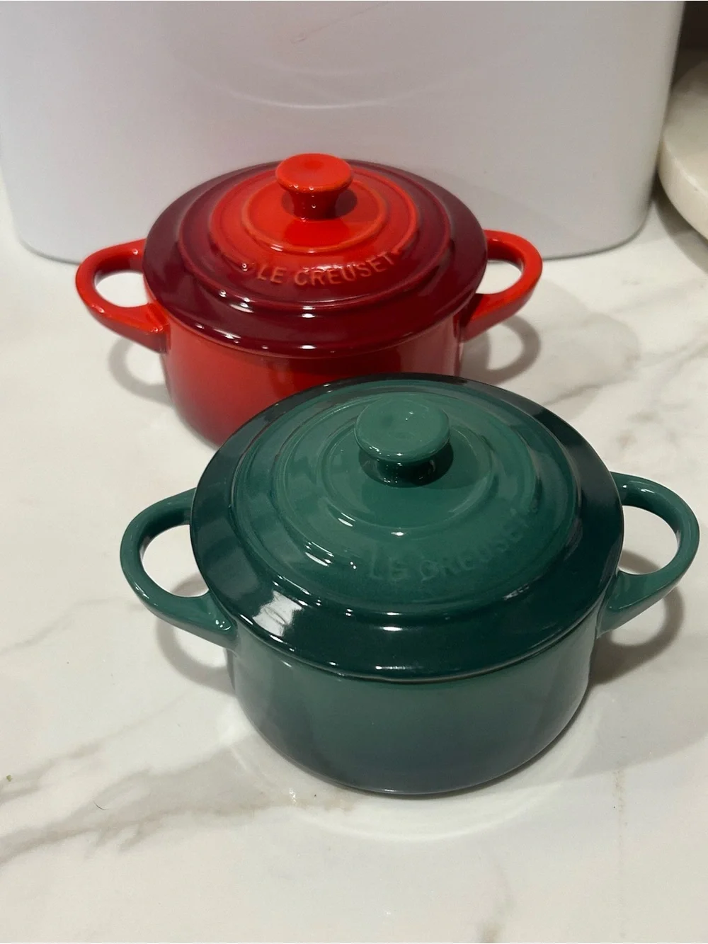 Le Creuset Red and Forest Green Mini Round Round Cocotte